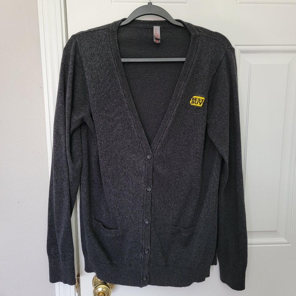 Best Buy District Made Women's Gray Embroidered Logo Cardigan Grandpa Sweater XL